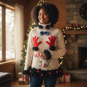 Feel the Joy Light UP Ugly Christmas Sweater size XXL Fun Black feather boa trim